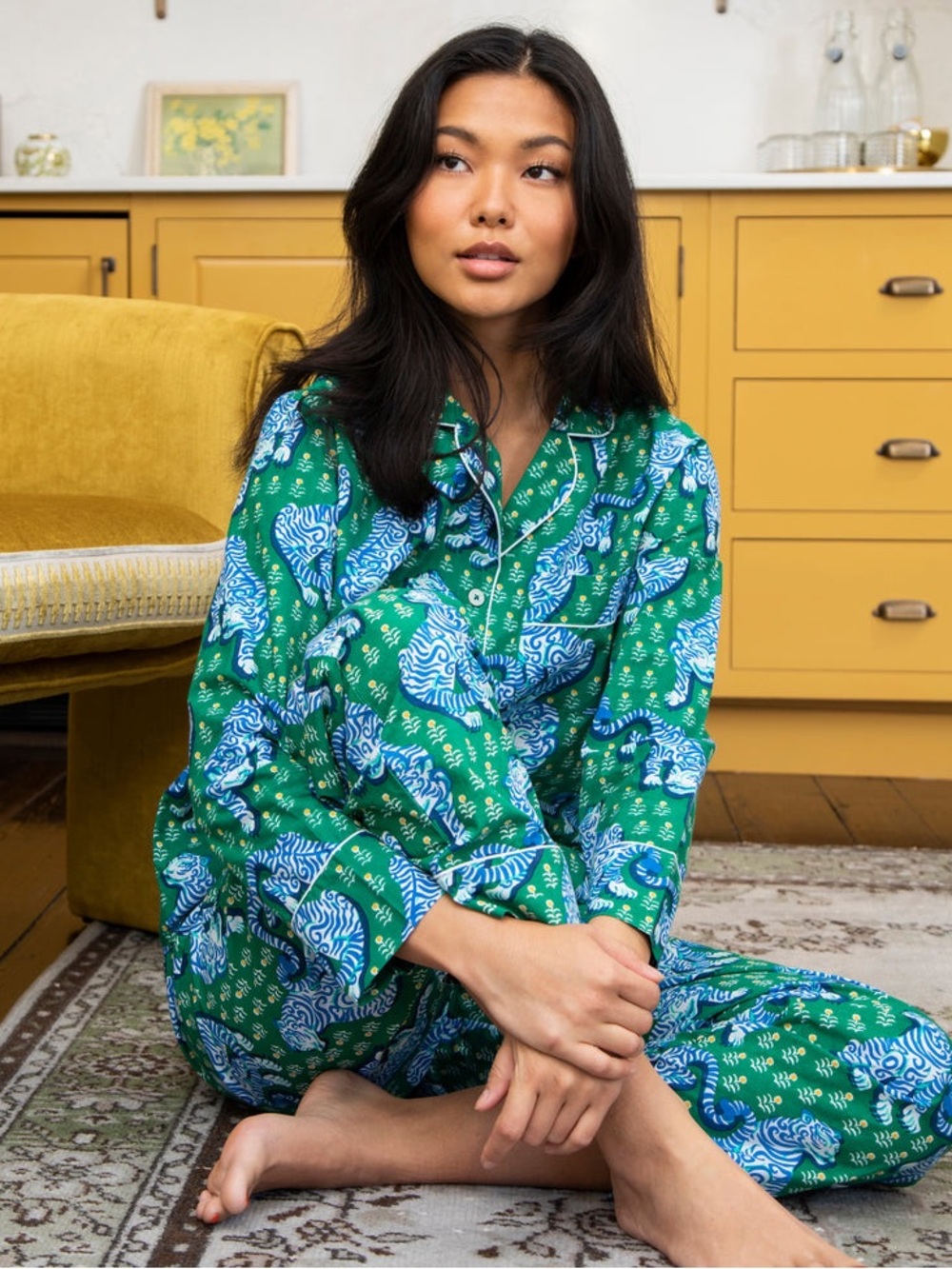 Printfresh Long PJ Set in Tiger Queen in Jade Size Large